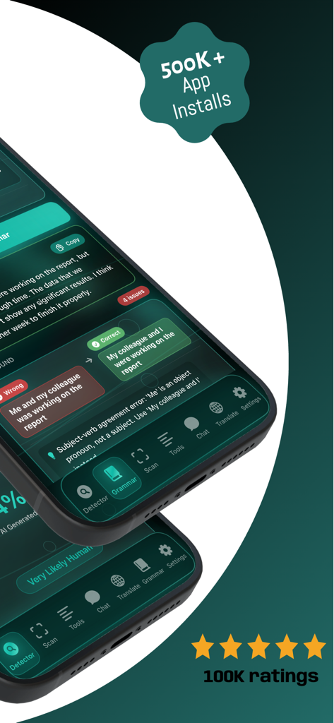 Grammar AI Plagiarism checker - Interface of the Grammar AI Plagiarism Checker app showing a subject-verb agreement correction on a mobile phone