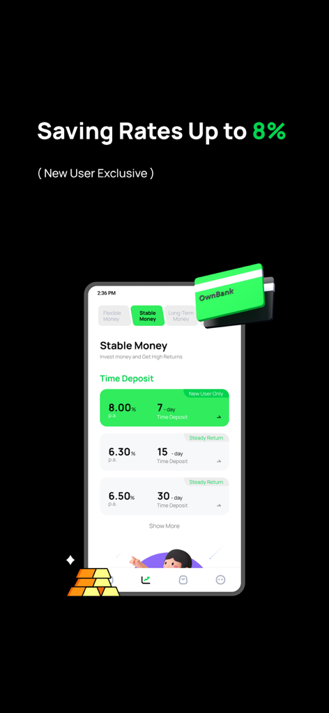 OwnBank - OwnBank mobile app showing high interest time deposit rates up to 8 percent for new users