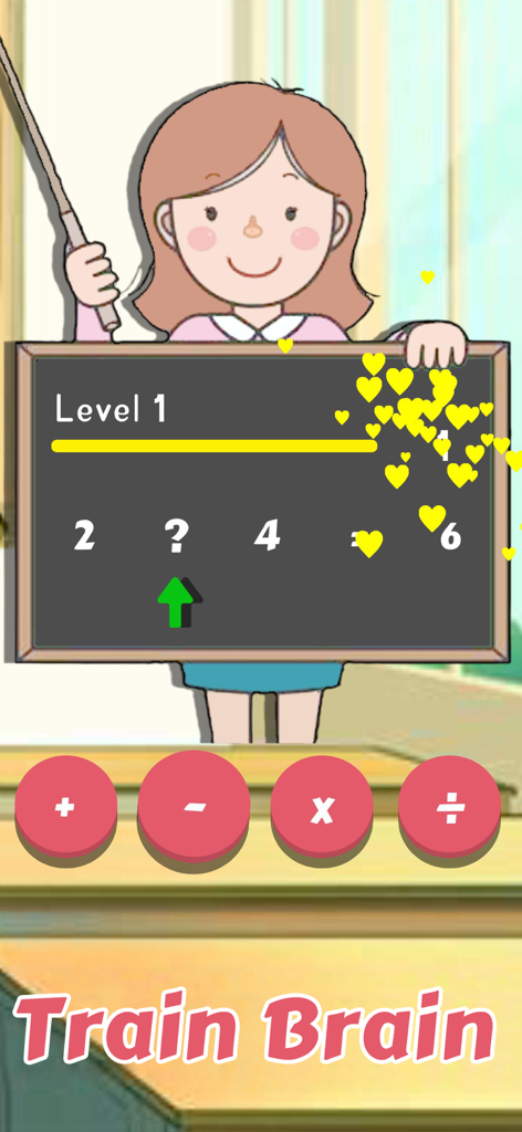 A math game interface showing a cartoon teacher with a chalkboard addition puzzle