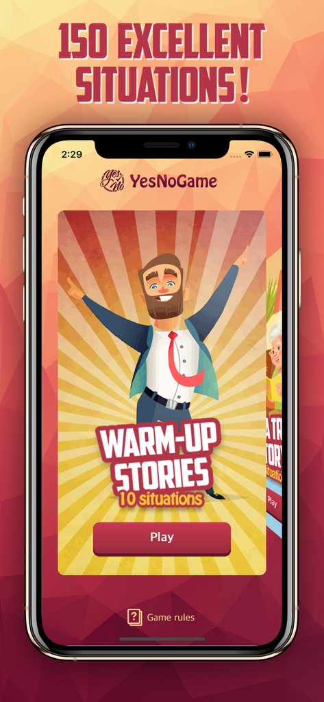Group Games on Phone: Yes No - Yes No group game app screen showing the warm up stories category and 150 puzzles