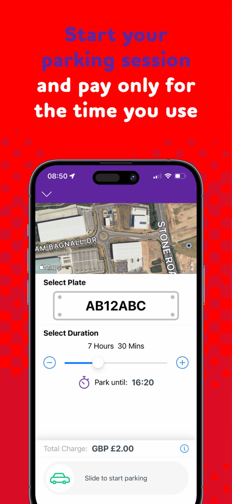 Captura de ecrã da aplicação Sippi mostrando o ecrã de início de sessão de estacionamento com seleção de matrícula e um controlo deslizante de duração