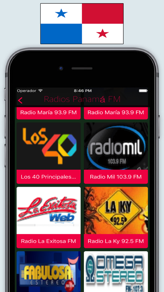Radio Panamá FM / Live Radios Stations Online App - Interface do aplicativo móvel mostrando uma grade de estações de rádio panamenhas ao vivo, como Los 40 e Radio Mil, sob a bandeira do Panamá