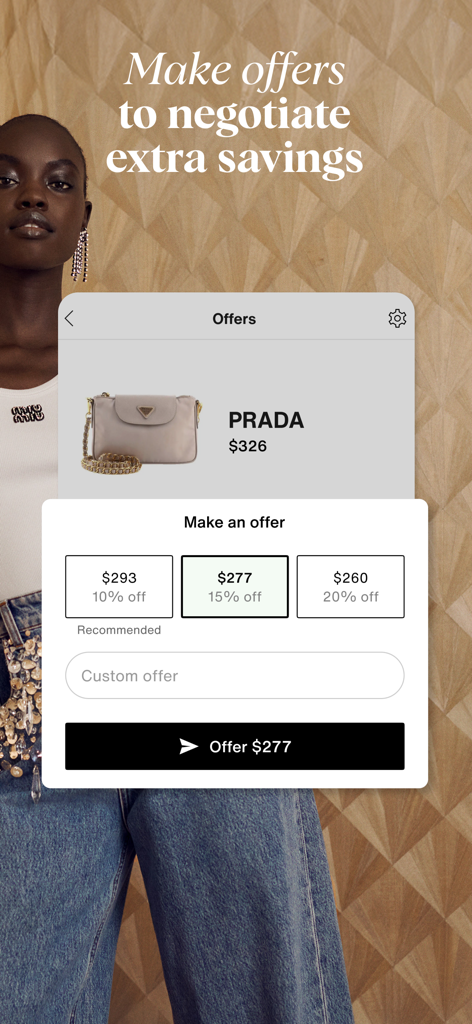Mobile app screen showing the price negotiation feature for a luxury Prada bag on Vestiaire Collective