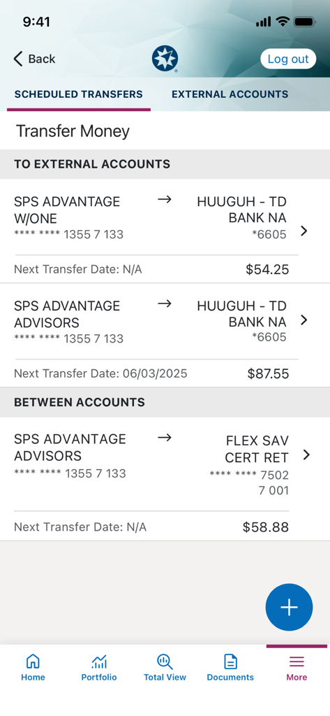 Ameriprise Financial app interface showing scheduled money transfers between external and internal accounts