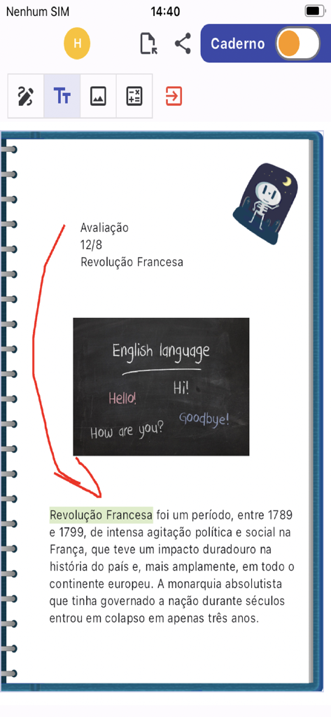 Interface de l'application Bloc-notes par matière affichant une page d'étude avec du texte et des photos.