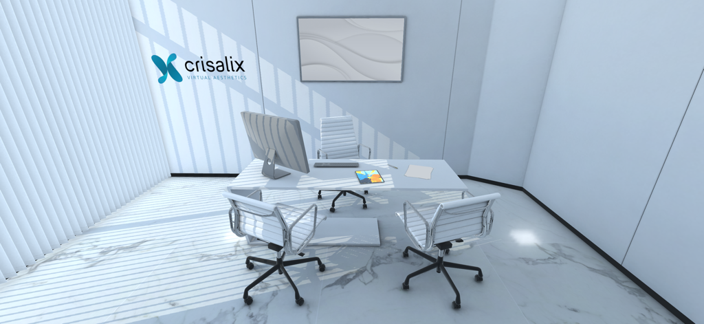 Crisalix VR - A 3D virtual reality rendering of a modern plastic surgery consultation office with Crisalix branding