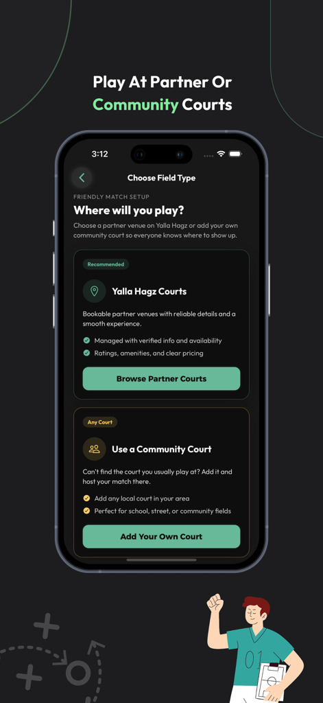 Yalla Hagz - يلا حجز - A mobile interface for the Yalla Hagz app showing options to choose between partner venues or community courts for a sports match.