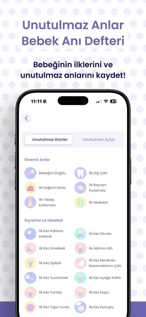 Elika Baby Care and Monitoring - Uma captura de tela da interface do livro de memórias digital do aplicativo Elika Baby mostrando vários marcos de desenvolvimento e primeiras conquistas para rastrear.