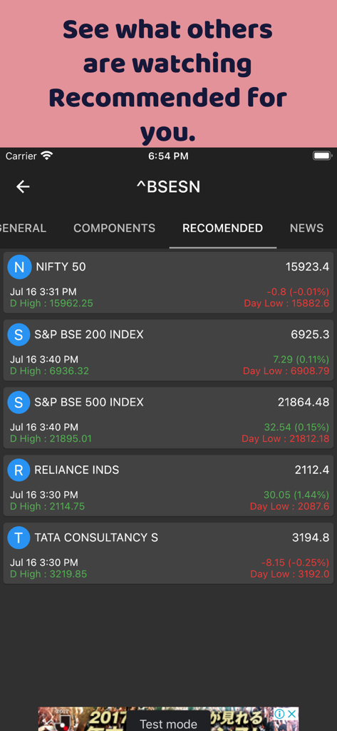 推奨される株価指数と企業のリストを表示するモバイルアプリのインターフェース。Nifty 50やReliance Industriesなどのライブ価格データを含む。