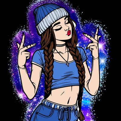 realistic teenage girl with braids and a beanie and crop top doing 🫶🏼