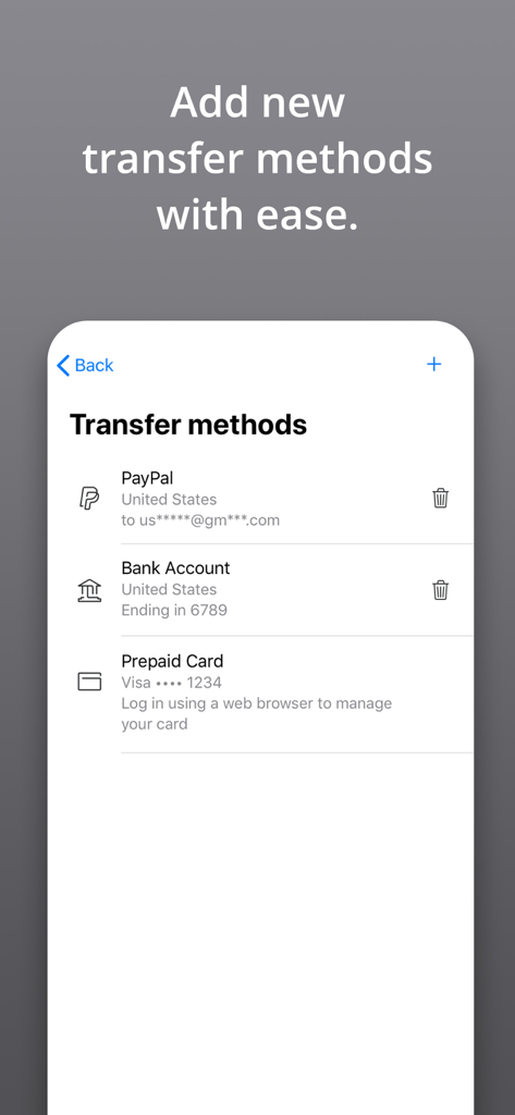 Captura de tela do aplicativo Payouts Hub mostrando opções para gerenciar e adicionar métodos de transferência, incluindo PayPal e Conta Bancária