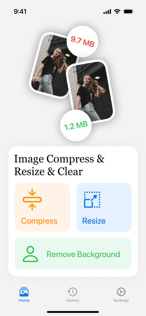 Compress Photos and Resize Imageアプリのホーム画面。圧縮、リサイズ、背景削除の機能が表示されています。