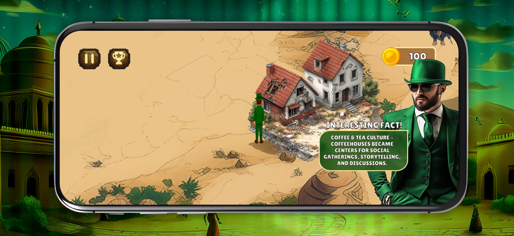 Geen Sultan: Wild Desert - A character in a green suit stands near desert houses in a city restoration scene from the game Geen Sultan Wild Desert