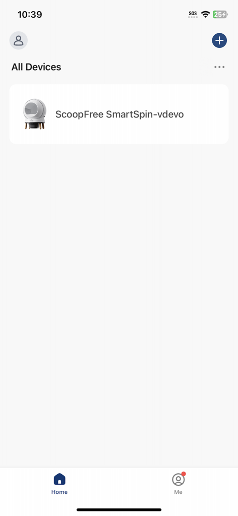 La pantalla de inicio de la aplicación ScoopFree Litter Box que muestra un dispositivo de autolimpieza SmartSpin conectado.