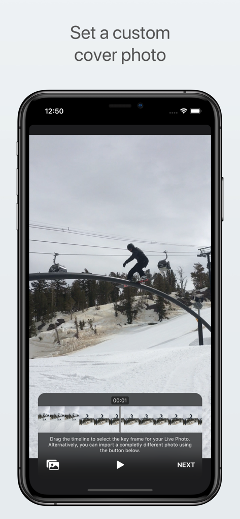 Live Studio - All-in-One - Live Studio app interface showing how to select a custom cover photo from a video timeline of a snowboarder