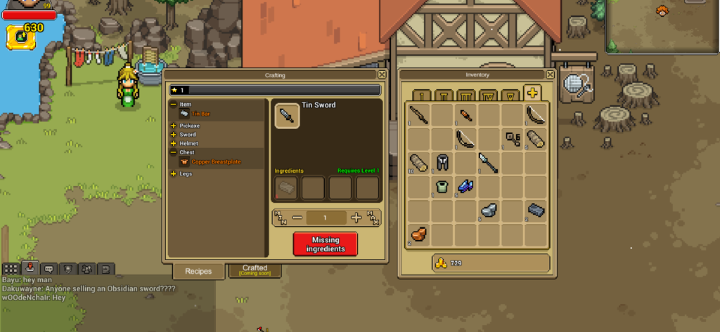 Interface de criação e inventário de Heartwood Online em estilo pixel art