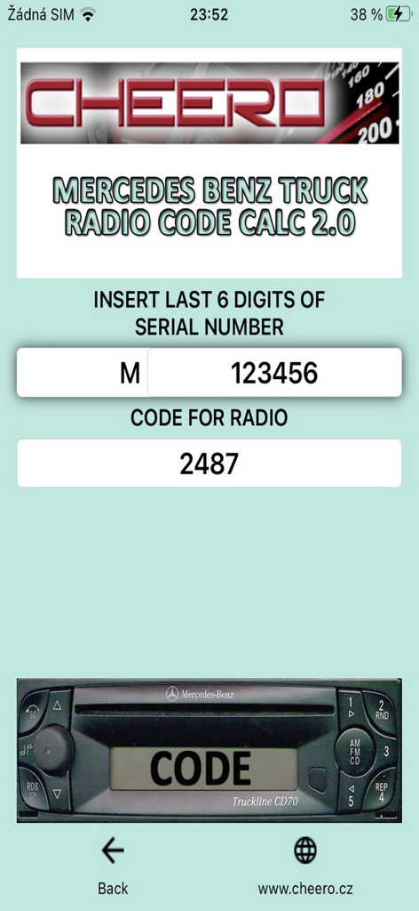 Mercedes Benz truck radio code calculator app interface showing a serial number entry and generated unlock code