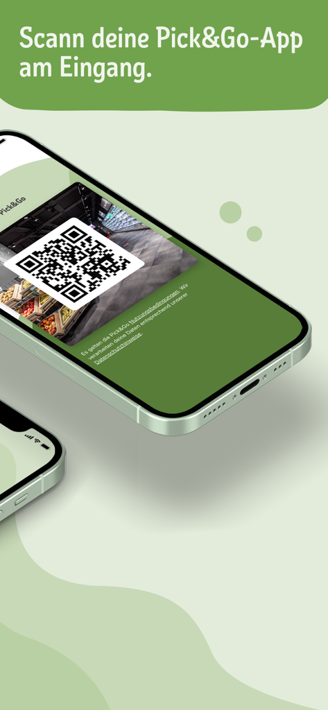Smartphone zeigt einen QR-Code für den Eingang zum kassiererlosen Einkaufen von REWE Pick und Go an