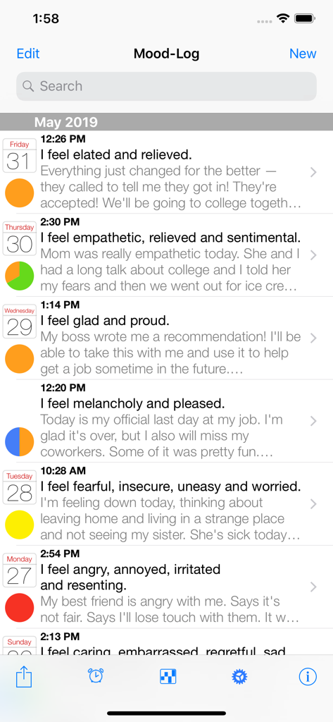 Mood-Log - A list of daily mood log entries in the Mood-Log app showing dates, feelings, and personal notes.