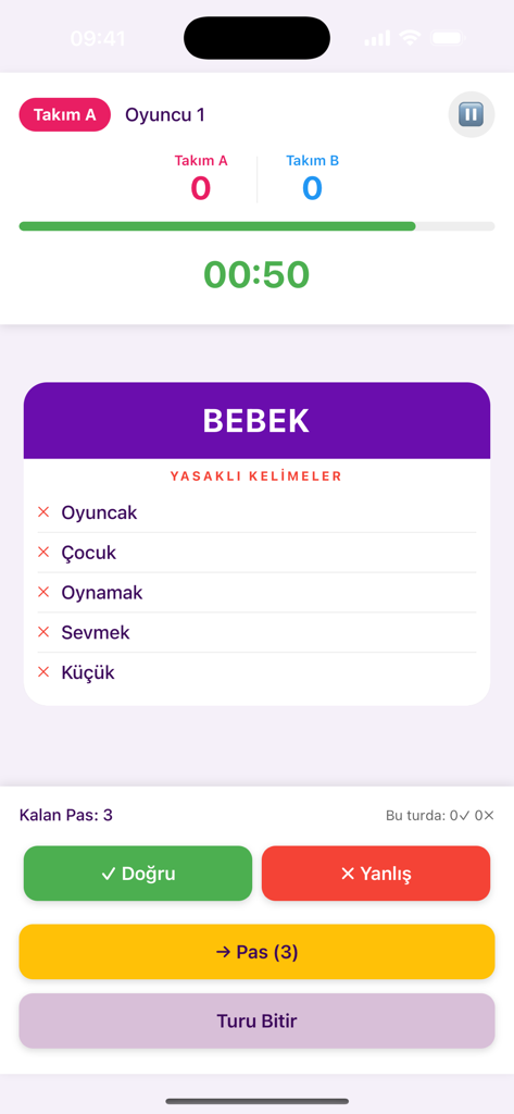 Tabu - Kelime Oyunu - Una pantalla de juego del juego de palabras turco Tabu que muestra una tarjeta con palabras prohibidas y puntuaciones de equipo