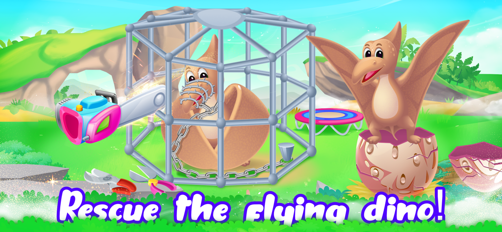Dino World for Kids age 5 4 3 - チェーンソーとペンチを使って檻から解放されている空飛ぶ恐竜を救出する漫画の救助ミッションシーン