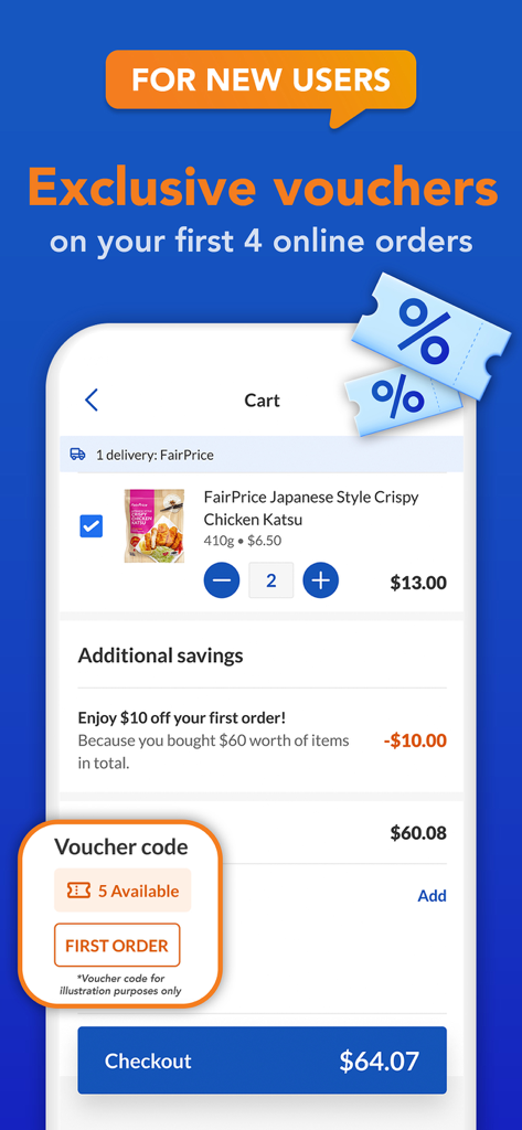 FairPrice Group - FairPrice app shopping cart showing exclusive vouchers and first order discounts for new users