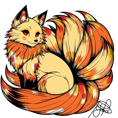 realistic detailed 9 tailed anime fox