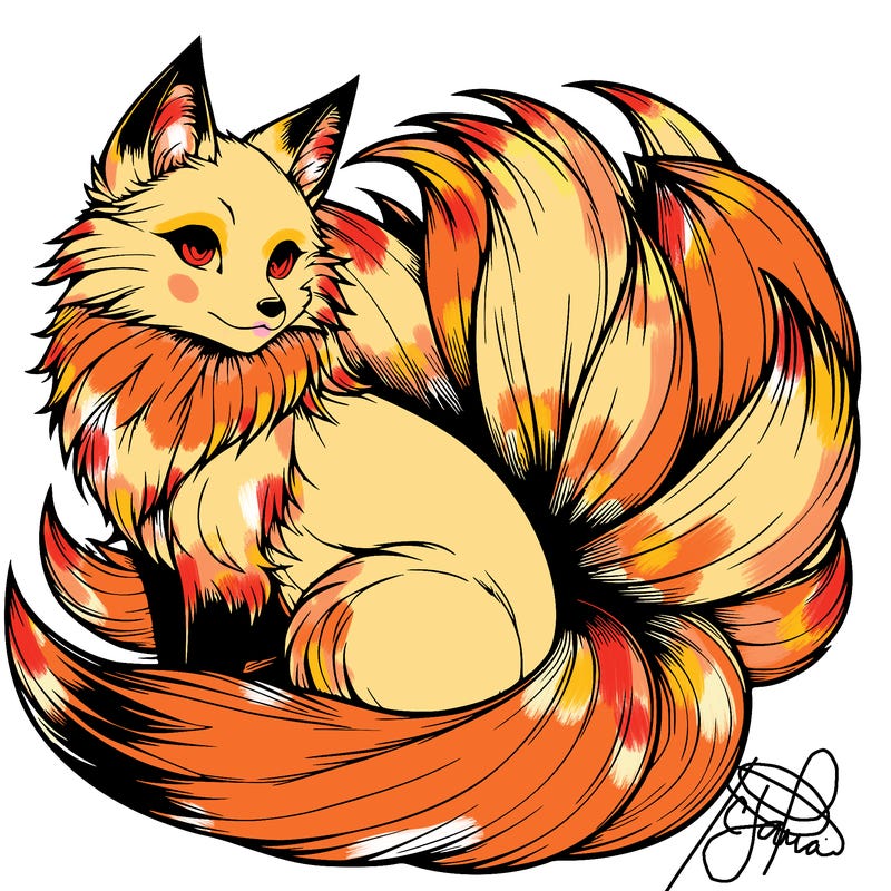 realistic detailed 9 tailed anime fox