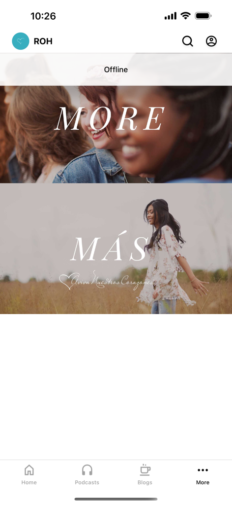 Revive Our Hearts - The more menu of the Revive Our Hearts app showing resource banners in English and Spanish