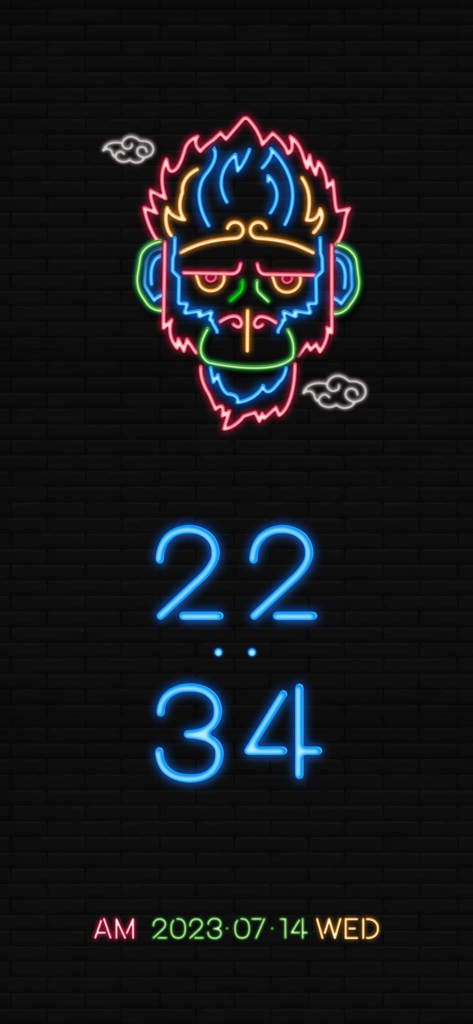 Clock Pocket:standby widget - Aesthetic neon monkey head design with a blue digital clock on a dark brick background