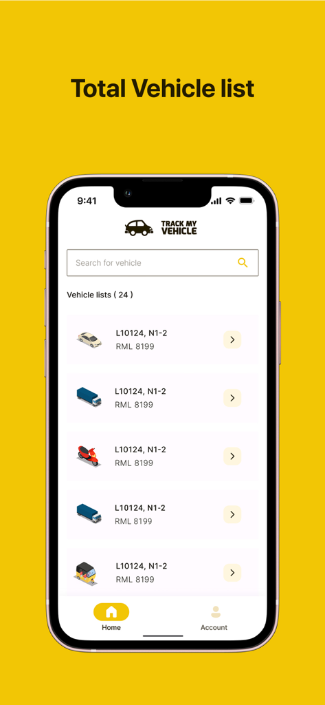 Track My Vehicle Lite mobile App-Oberfläche, die eine Liste von verfolgten Fahrzeugen anzeigt, einschließlich Autos, Lastwagen und Rollern