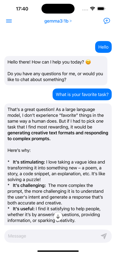Una conversación de chat entre un usuario y el modelo local gemma3-1b dentro de la interfaz de la aplicación Invoke