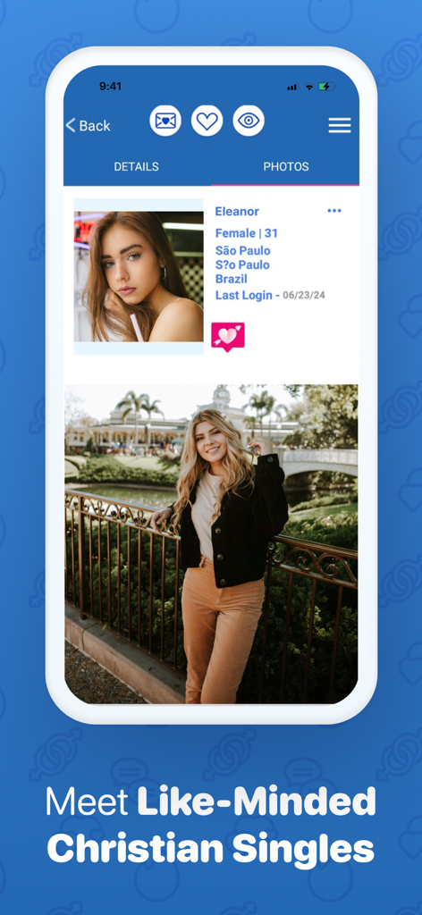 Screenshot of the CDFF app showing a user profile for a female member named Eleanor with her photos and location details