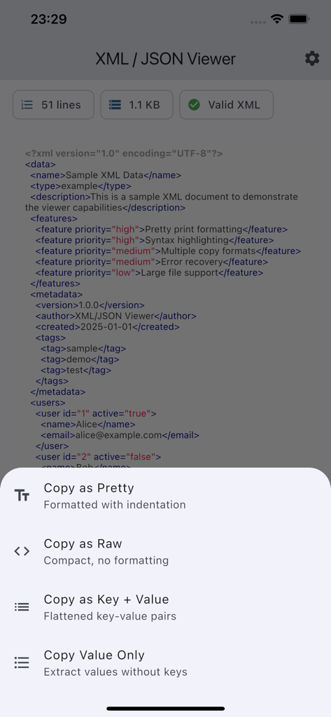 XML / JSON Viewer - XML and JSON viewer mobile app interface showing four copy format options including pretty raw key value and value only