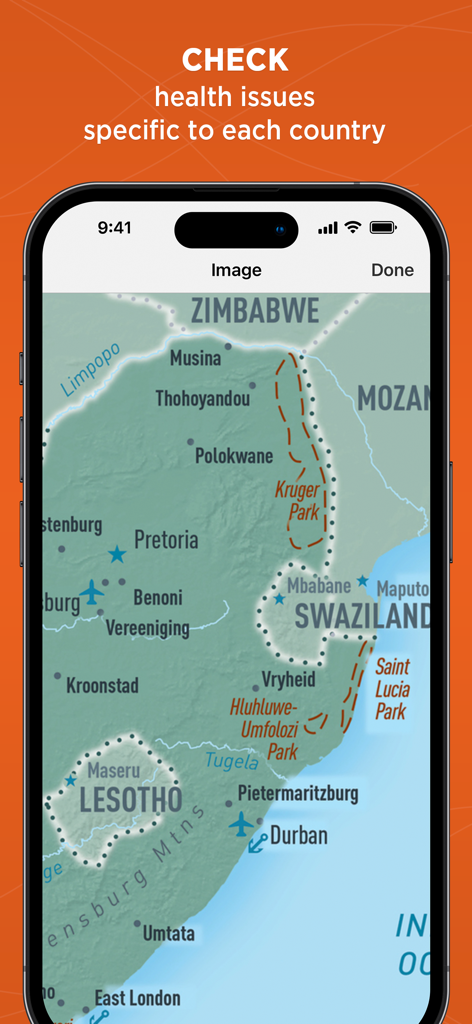 CDC Yellow Book - A detailed map of Southern Africa within the CDC Yellow Book app for checking destination-specific health issues.