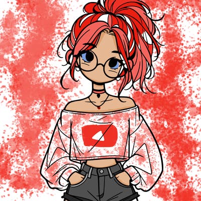 girl with a messy ponytail glasses a baggy crop top and jean shorts