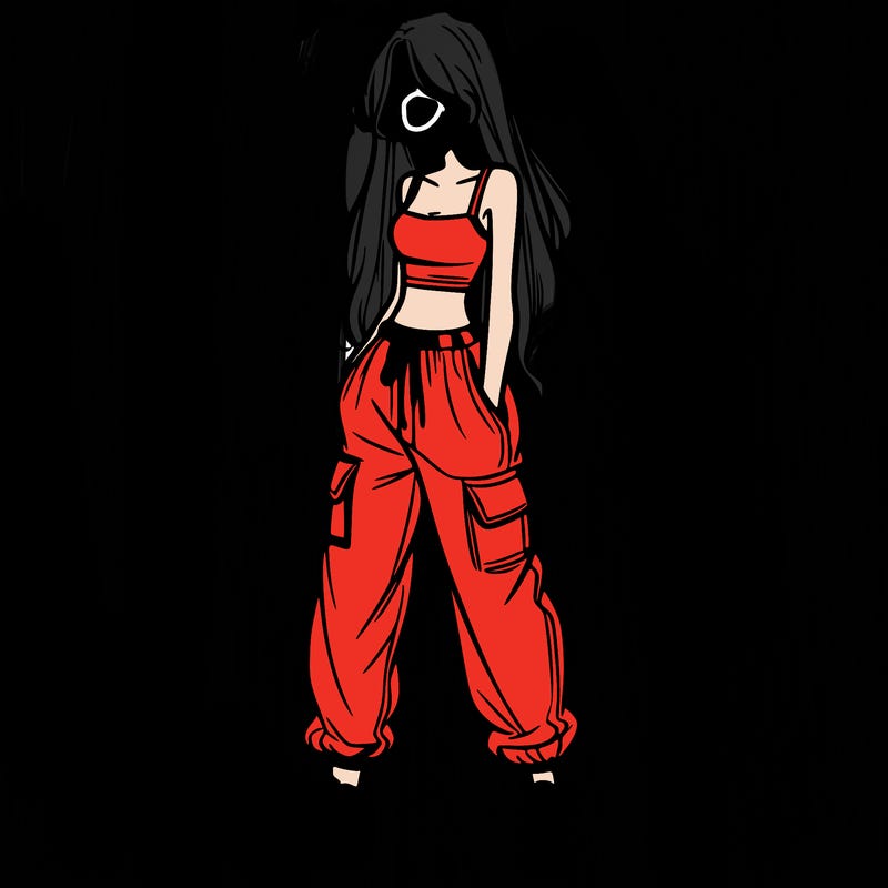 girl in baggy pants crop top and long hair