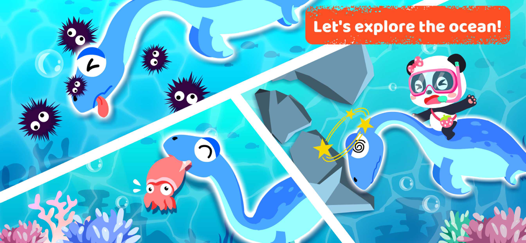Cartoon panels showing a blue sea dinosaur and Baby Panda in diving gear exploring the ocean