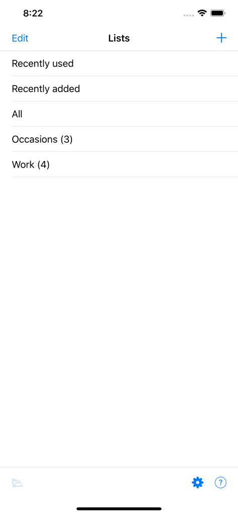 Interfaz que muestra listas organizadas de plantillas de mensajes para Trabajo y Ocasiones