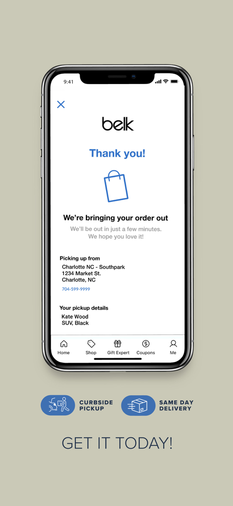 Belk App-Bestätigungsbildschirm für die Abholung am Straßenrand, der Bestell- und Fahrzeuginformationen anzeigt.