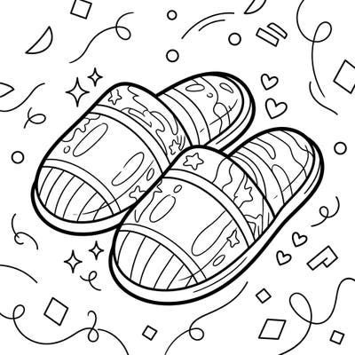 Step into comfort with this adorable coloring page featuring a pair of playful slippers. Designed especially for kids, it offers delightful patterns and celebratory background elements for hours of creative fun.