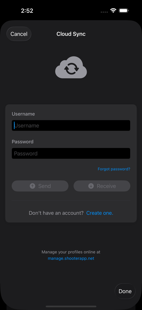 Cloud sync login screen for the Shooter Ballistic Calculator app featuring username and password entry fields.