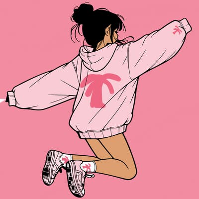 realistic girl jumping with a bun and oversized sweatshirt