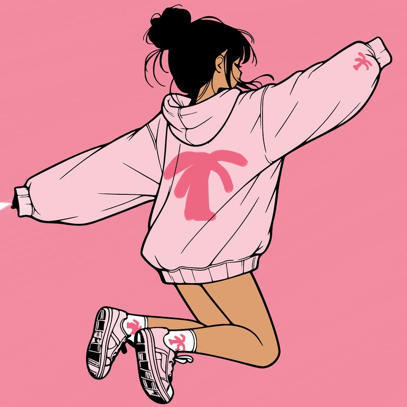 realistic girl jumping with a bun and oversized sweatshirt