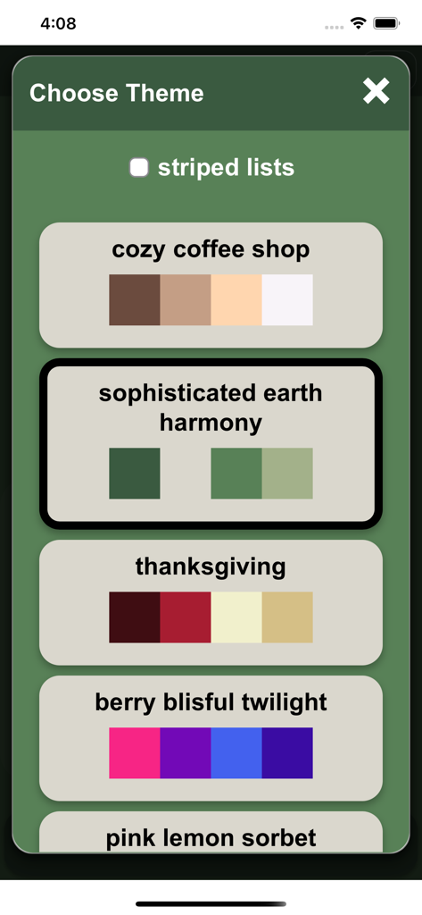 Speak Tagalog (Filipino) - La pantalla de selección de tema en la aplicación Speak Tagalog que muestra varias opciones de paleta de colores como cafetería acogedora y armonía terrenal sofisticada.