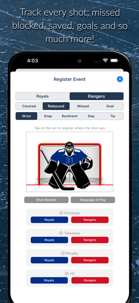 Interface of the Shot Tracker app showing a hockey goalie net for recording shot locations and game events like penalties and takeaways