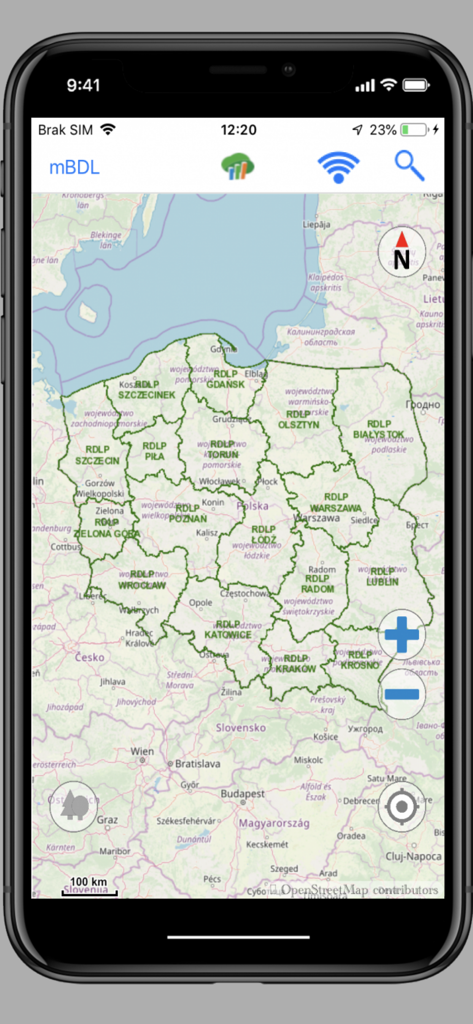 Interfaz móvil de la aplicación mBDL que muestra un mapa de los distritos regionales de gestión forestal en Polonia
