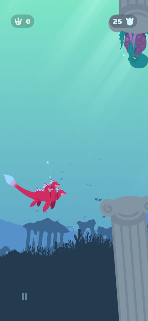 Flappy Dragon - A red three headed dragon navigating an underwater level with ancient ruins in Flappy Dragon