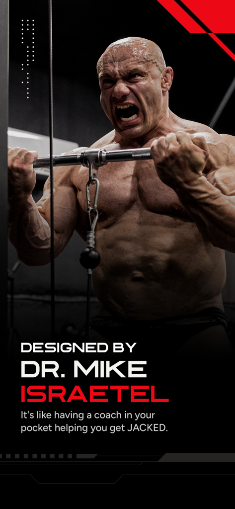 RP Hypertrophy - Bodybuilder training with text highlighting that the RP Hypertrophy app is designed by Dr Mike Israetel