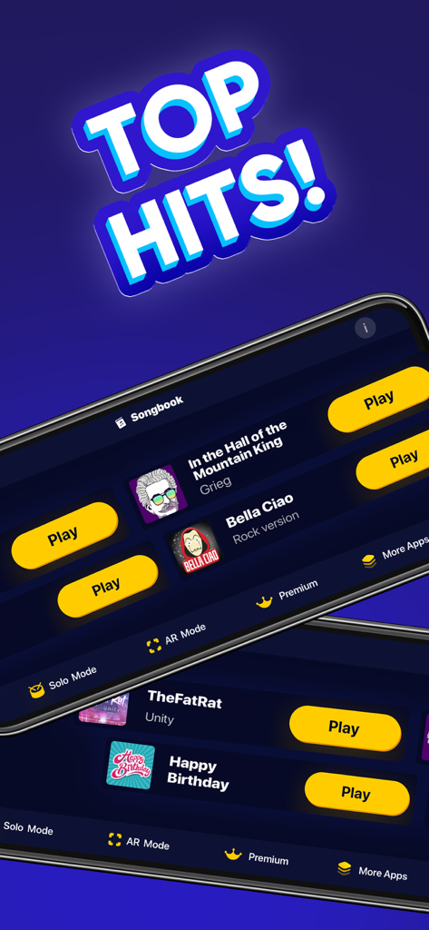 WeDrum app interface showing a list of top hit songs to play on virtual drums